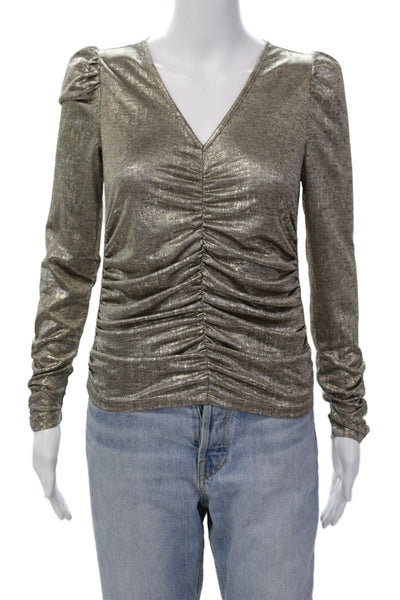 Rachel Zoe Womens Puffy Sleeves Ruched V Neck Blouse Gold Black Size Small