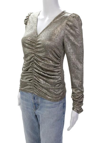 Rachel Zoe Womens Puffy Sleeves Ruched V Neck Blouse Gold Black Size Small