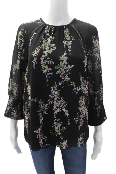 Reiss Womens Floral Print Long Sleeve Round Neck Blouse Black Size 4