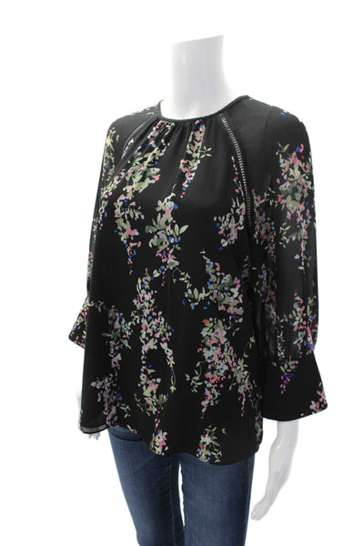 Reiss Womens Floral Print Long Sleeve Round Neck Blouse Black Size 4