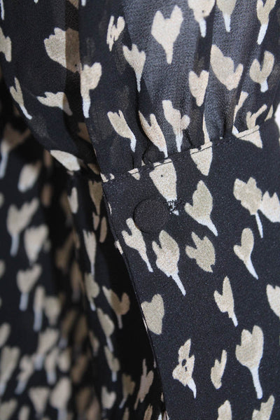 Reiss Womens Floral Print Round Neck Long Sleeve Blouse Top Black Size 4