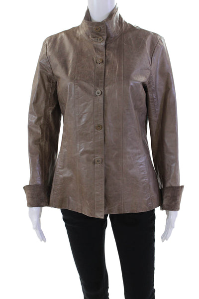 Mo851 Women's Leather Long Sleeves Button Down Lined Jacket Brown Size M