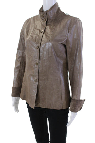 Mo851 Women's Leather Long Sleeves Button Down Lined Jacket Brown Size M
