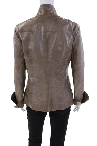 Mo851 Women's Leather Long Sleeves Button Down Lined Jacket Brown Size M