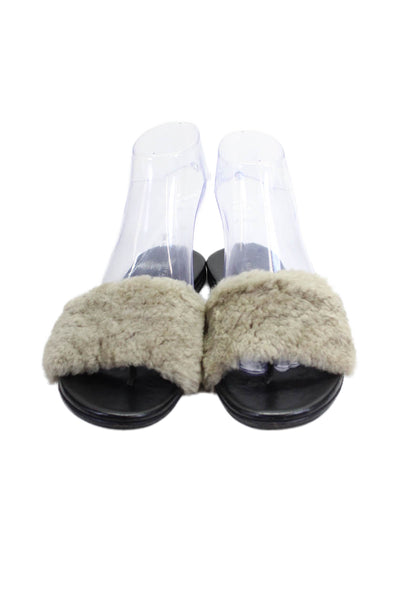 NewbarK Womens Shearling Flat Thong Sandals Black Gray Size 6.5