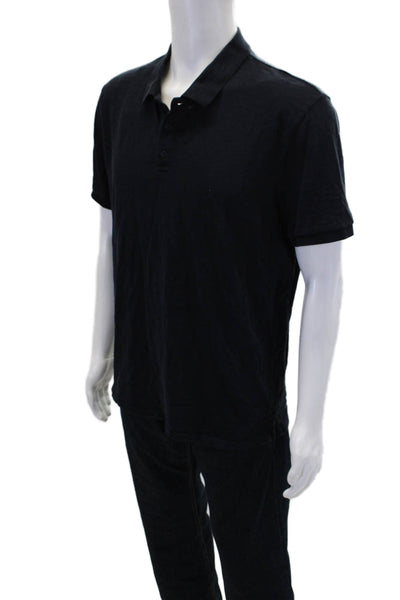 Vince Mens Cotton Collar Short Sleeve Polo Shirt Solid Black Size Large