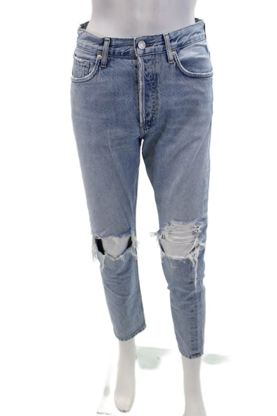 Agolde Womens Cotton Distressed Buttoned High Rise Skinny Jeans Blue Size 24