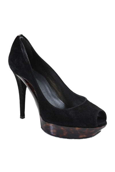 Stuart Weitzman Womens Suede Tortoise Shell Trim Platform Stilettos Black Size 7
