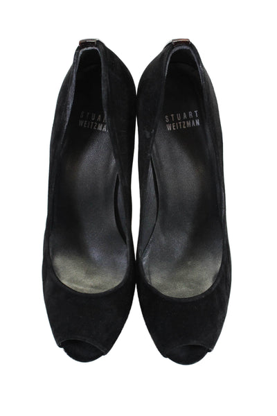 Stuart Weitzman Womens Suede Tortoise Shell Trim Platform Stilettos Black Size 7