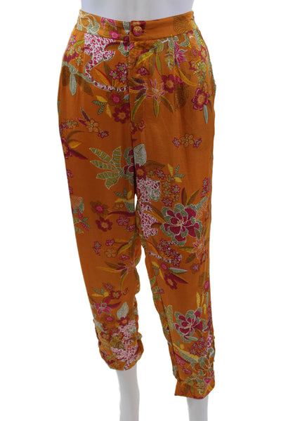 Poupette St. Barth Womens Floral Print Slim Leg Pants Orange Pink Size Medium