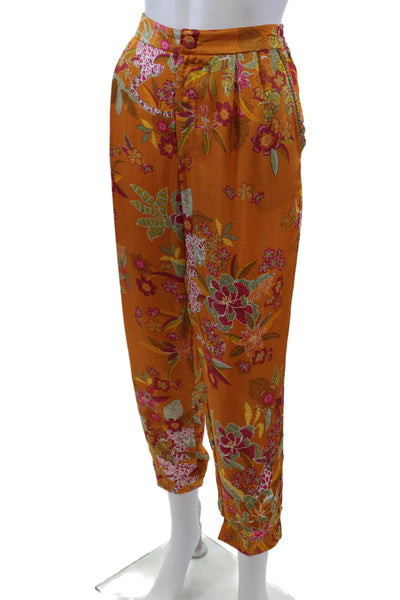 Poupette St. Barth Womens Floral Print Slim Leg Pants Orange Pink Size Medium