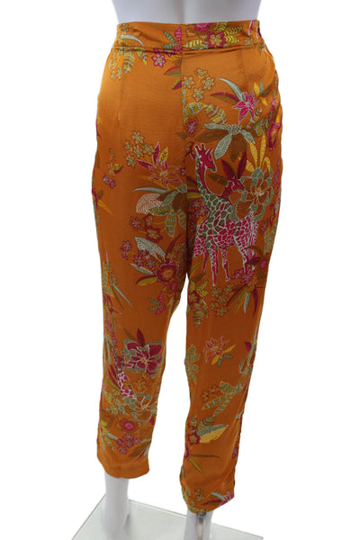 Poupette St. Barth Womens Floral Print Slim Leg Pants Orange Pink Size Medium