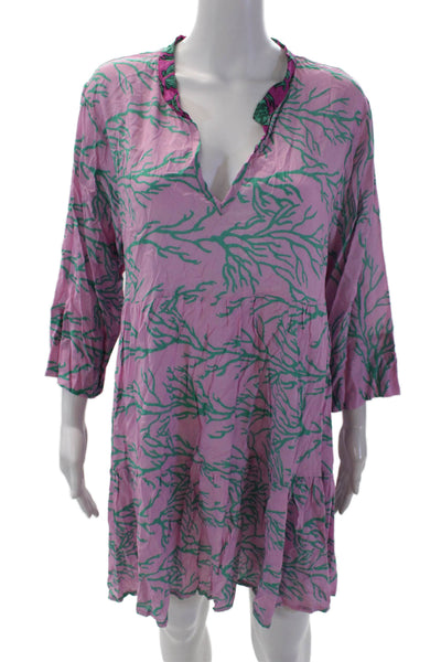 Proti Mare Womens Coral Print V-Neck Long Sleeve Tiered Mini Dress Purple Size 2