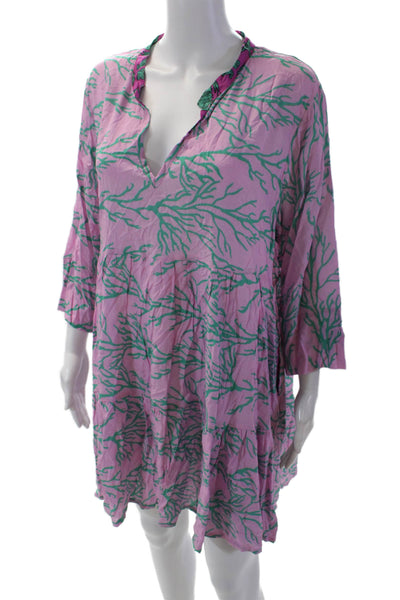 Proti Mare Womens Coral Print V-Neck Long Sleeve Tiered Mini Dress Purple Size 2
