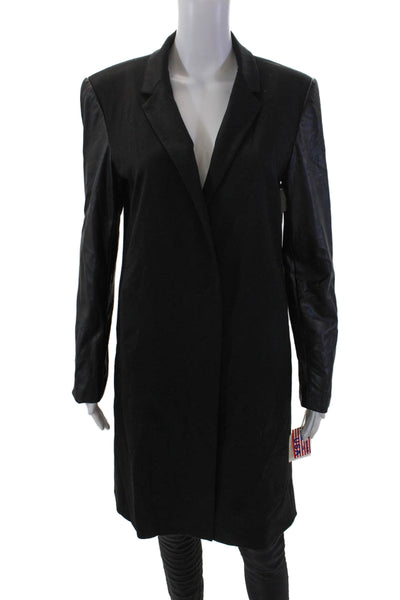 J'envie Womens Faux Leather Panel Open Front Long Coat Solid Black Size 10
