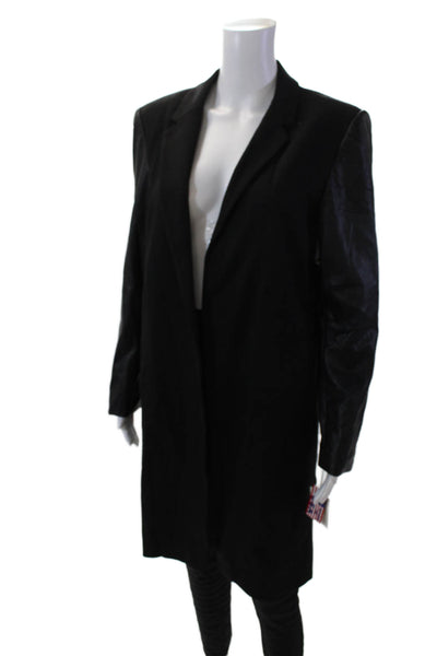 J'envie Womens Faux Leather Panel Open Front Long Coat Solid Black Size 10