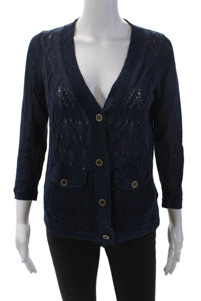 Wallace Womens Button Front Open Knit V Neck Cardigan Sweater Navy Size XS