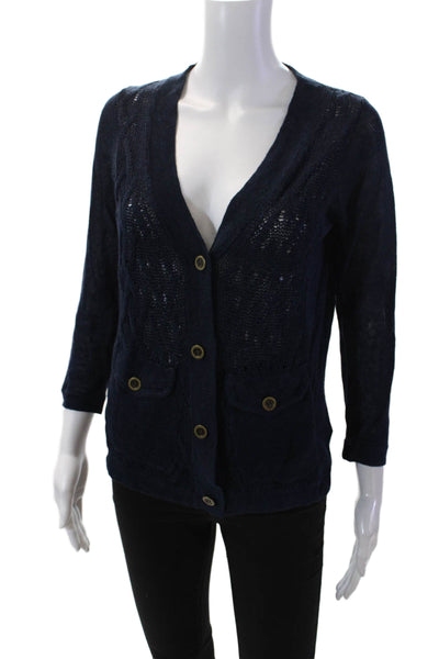 Wallace Womens Button Front Open Knit V Neck Cardigan Sweater Navy Size XS