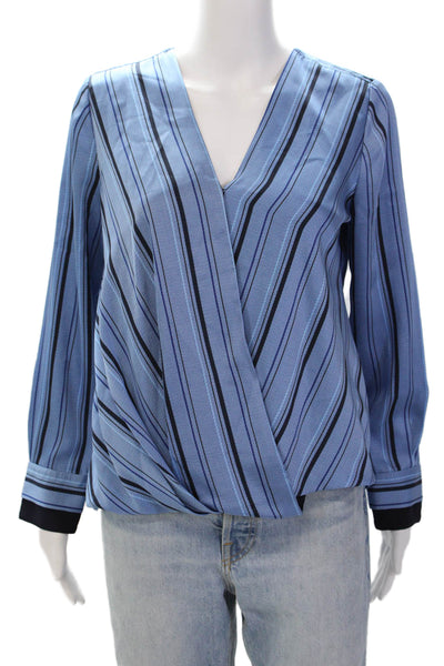 Vince Camuto Womens Satin Stripe Printed Long Sleeve Wrap Blouse Blue Size XS
