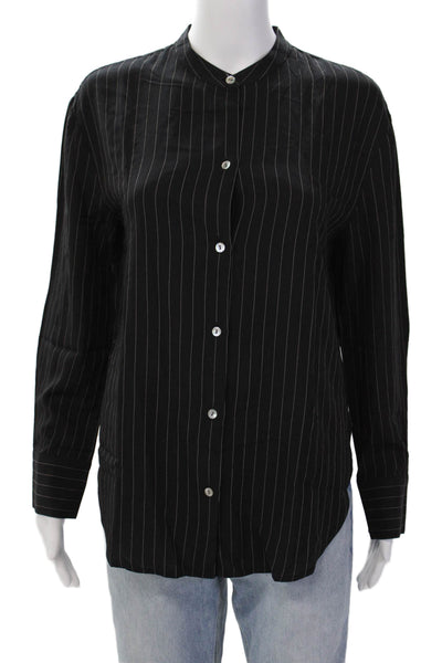 Vince Womens Stripe Print Long Sleeve Round Neck Button Down Shirt Black Size XS
