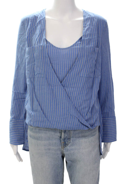 BCBGMAXAZRIA Womens Stripe Printed Long Sleeve Step Hem Wrap Blouse Blue Size S
