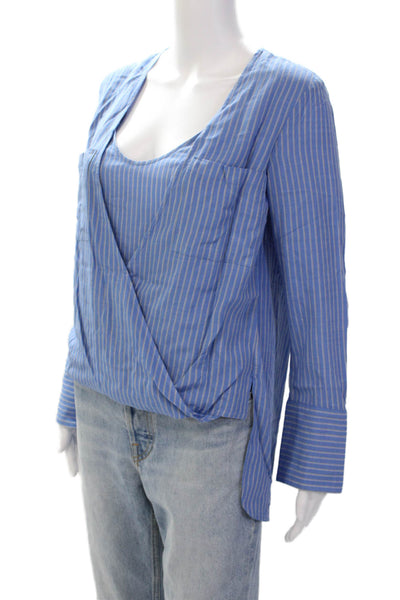 BCBGMAXAZRIA Womens Stripe Printed Long Sleeve Step Hem Wrap Blouse Blue Size S