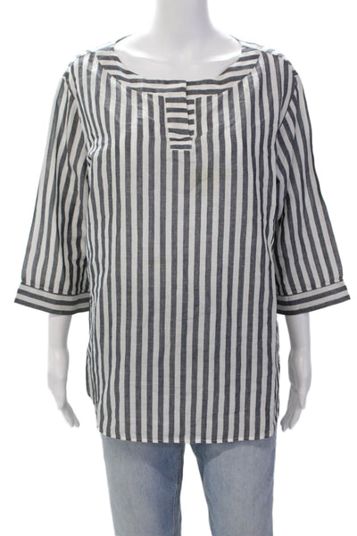 Bogner Womens Cotton Linen Striped V-neck Long Sleeve Blouse Top Gray Size 12