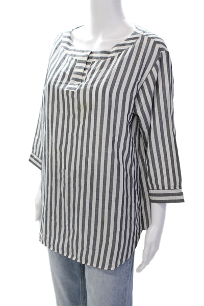 Bogner Womens Cotton Linen Striped V-neck Long Sleeve Blouse Top Gray Size 12