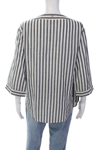 Bogner Womens Cotton Linen Striped V-neck Long Sleeve Blouse Top Gray Size 12