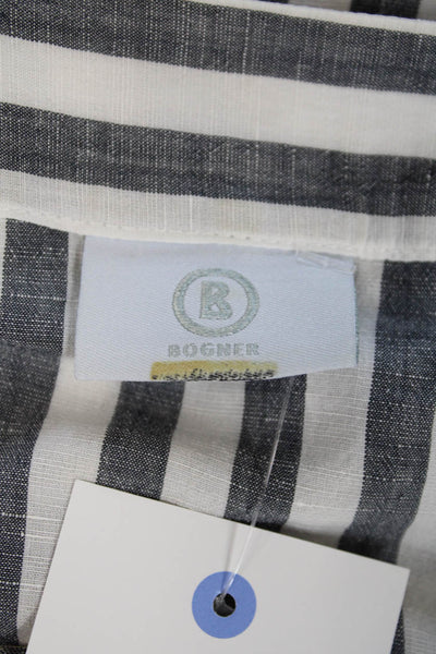 Bogner Womens Cotton Linen Striped V-neck Long Sleeve Blouse Top Gray Size 12