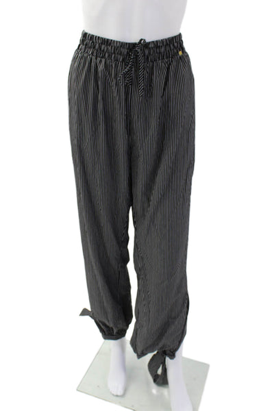 Harlyn Womens Elastic Waist Pull-On Tapered Tie Ankle Pants Black Striped Size L