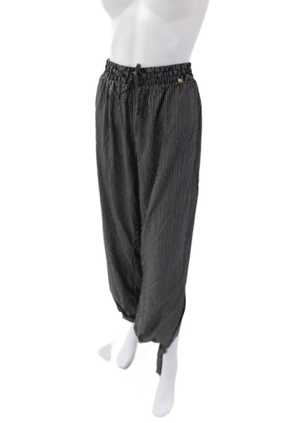 Harlyn Womens Elastic Waist Pull-On Tapered Tie Ankle Pants Black Striped Size L