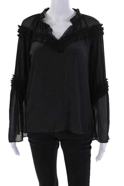 Ramy Brook Sheer Panel Raw Edge Trim Long Sleeve Blouse Solid Black Size S