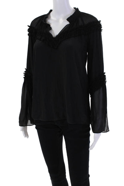 Ramy Brook Sheer Panel Raw Edge Trim Long Sleeve Blouse Solid Black Size S