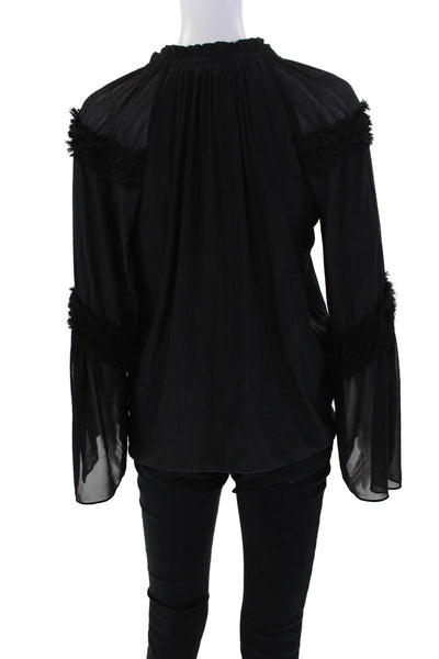 Ramy Brook Sheer Panel Raw Edge Trim Long Sleeve Blouse Solid Black Size S