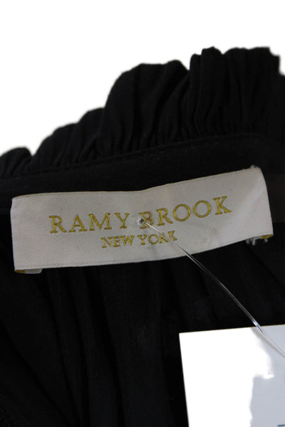 Ramy Brook Sheer Panel Raw Edge Trim Long Sleeve Blouse Solid Black Size S