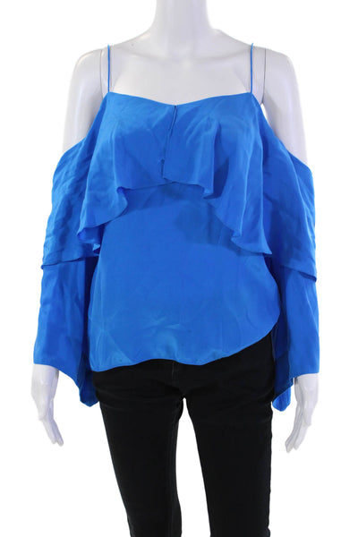 Jay Godfrey Womens Silk Off The Shoulder Spaghetti Strap Blouse Blue Size 4