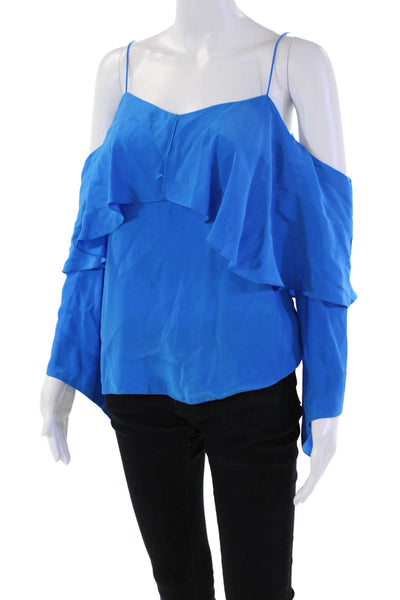 Jay Godfrey Womens Silk Off The Shoulder Spaghetti Strap Blouse Blue Size 4