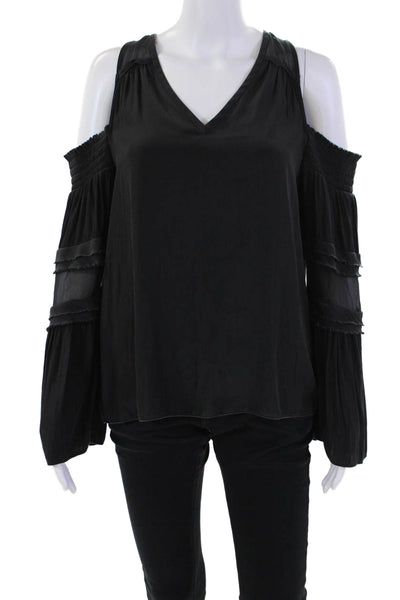 Ramy Brook Womens Silk Smocked Cold Shoulder V-Neck Blouse Black Size S