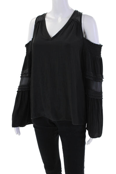 Ramy Brook Womens Silk Smocked Cold Shoulder V-Neck Blouse Black Size S