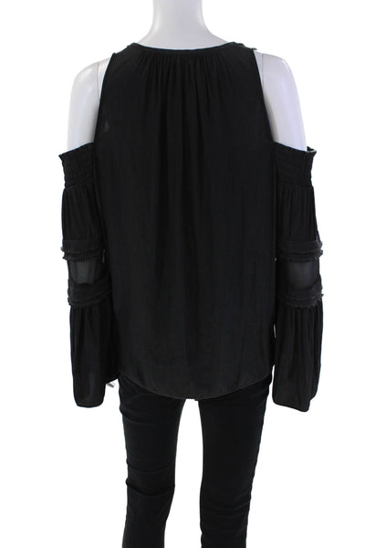 Ramy Brook Womens Silk Smocked Cold Shoulder V-Neck Blouse Black Size S