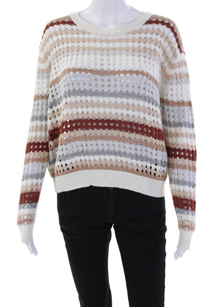 Cotton By Autumn Cashmere Womens Cotton Open Knit Striped Sweater Top Tan Size M