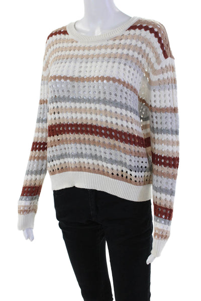 Cotton By Autumn Cashmere Womens Cotton Open Knit Striped Sweater Top Tan Size M