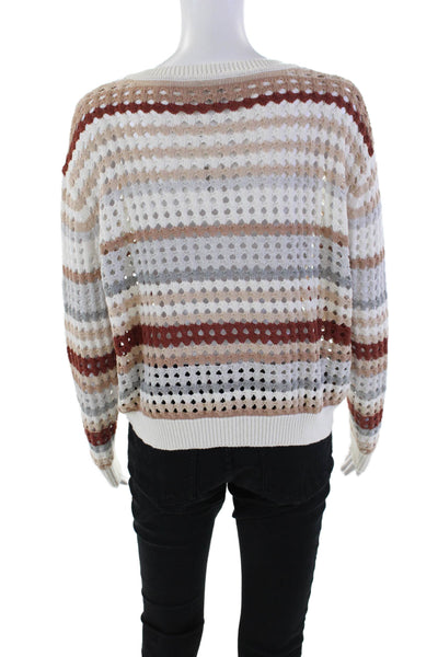Cotton By Autumn Cashmere Womens Cotton Open Knit Striped Sweater Top Tan Size M