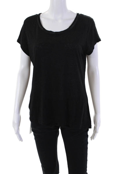 Elie Tahari Womens Linen Blend Round Neck Short Sleeve Knit Top Black Size L