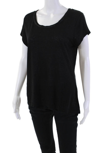 Elie Tahari Womens Linen Blend Round Neck Short Sleeve Knit Top Black Size L