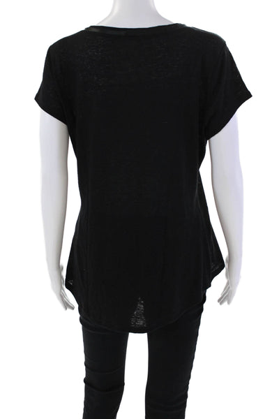 Elie Tahari Womens Linen Blend Round Neck Short Sleeve Knit Top Black Size L