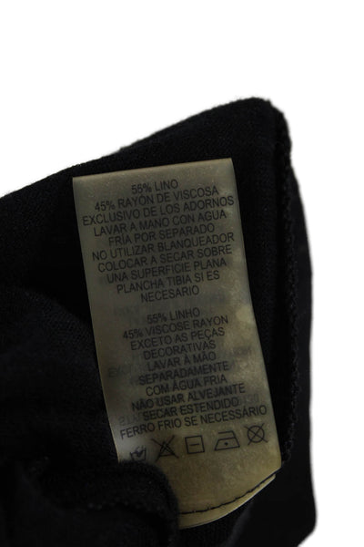 Elie Tahari Womens Linen Blend Round Neck Short Sleeve Knit Top Black Size L