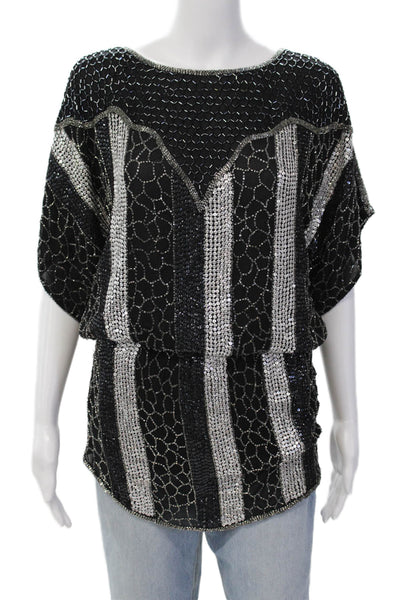 Parker Womens Beaded Sequins Printed Crew Neck Tunic Top Black Silver Size XS