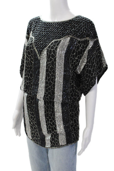 Parker Womens Beaded Sequins Printed Crew Neck Tunic Top Black Silver Size XS